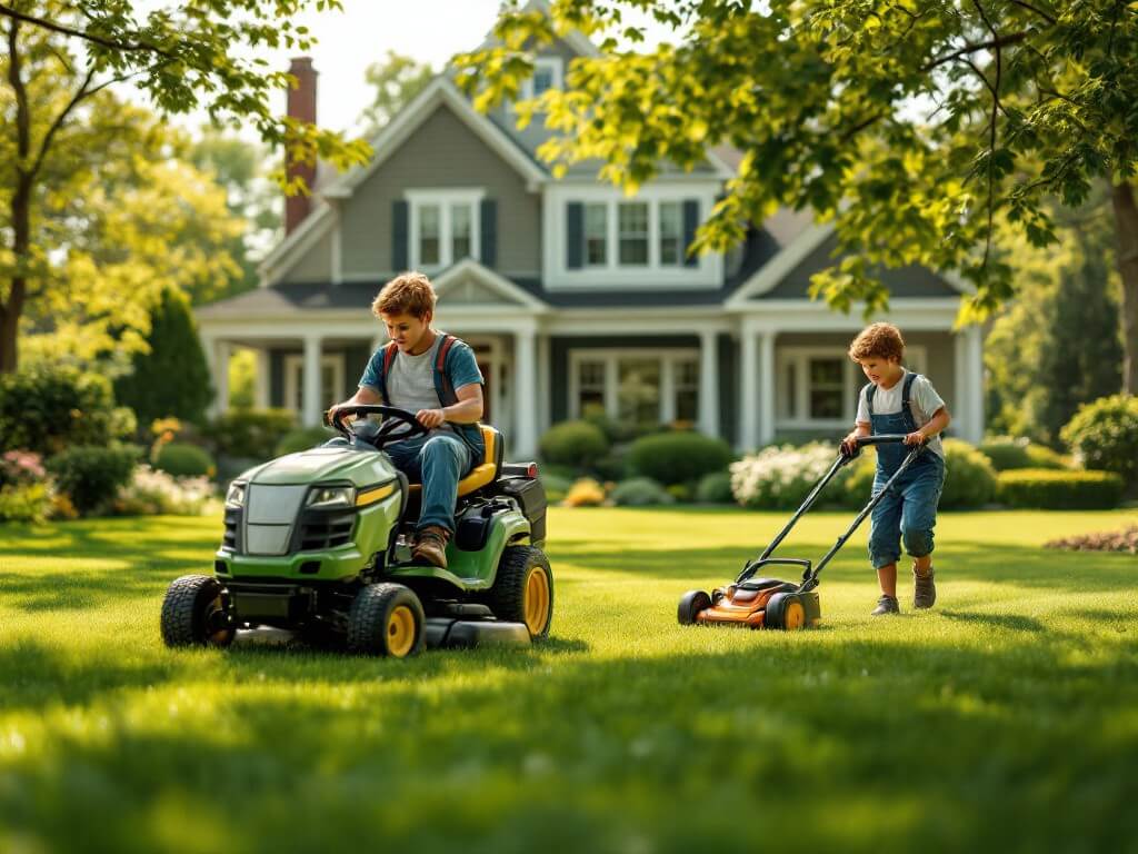 Two boys mowing a lush green lawn: the larger boy rides a green lawn tractor, showcasing an auto draft of youthful teamwork, while the smaller one pushes a mower. A house with a porch and tidy garden completes this serene scene under a clear sky.