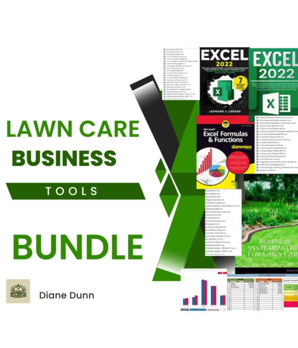 Collage of books and software guides for lawn care business tools. Prominent text reads "Lawn Care Business Bundle." Features Excel 2022 guides and an image of a well-maintained lawn. The name "Diane Dunn" is displayed in the corner.