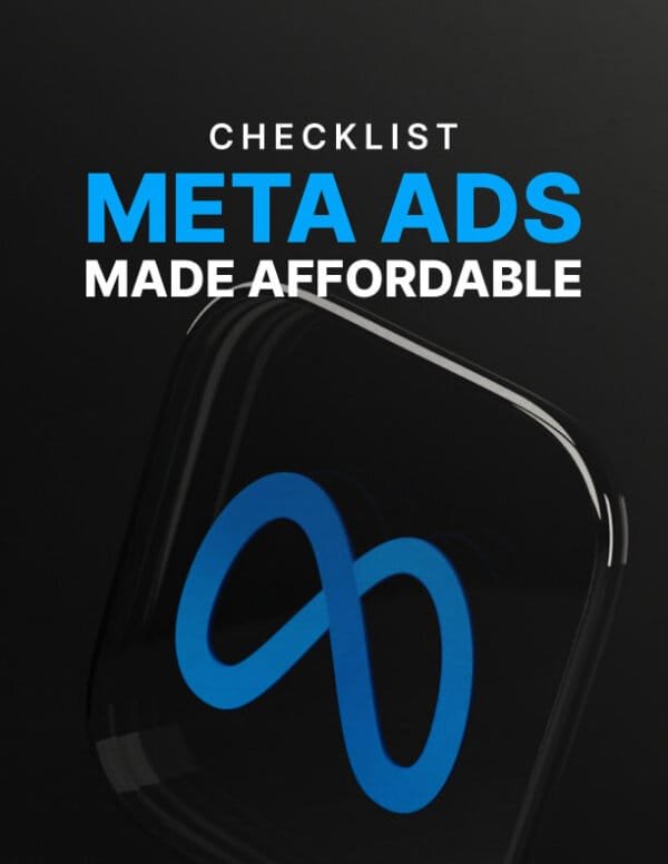 A graphic with a dark background features the text "Checklist Meta Ads Made Affordable" in white and blue. Below the text is a stylized blue infinity loop icon.