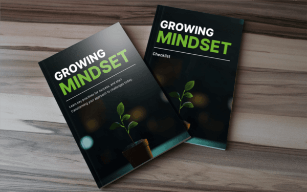 Two books titled "Growing Mindset" are placed on a wooden surface. One book is a guide with a cover image of a small plant in a pot, symbolizing growth. The other book is a checklist, sharing the same cover theme.