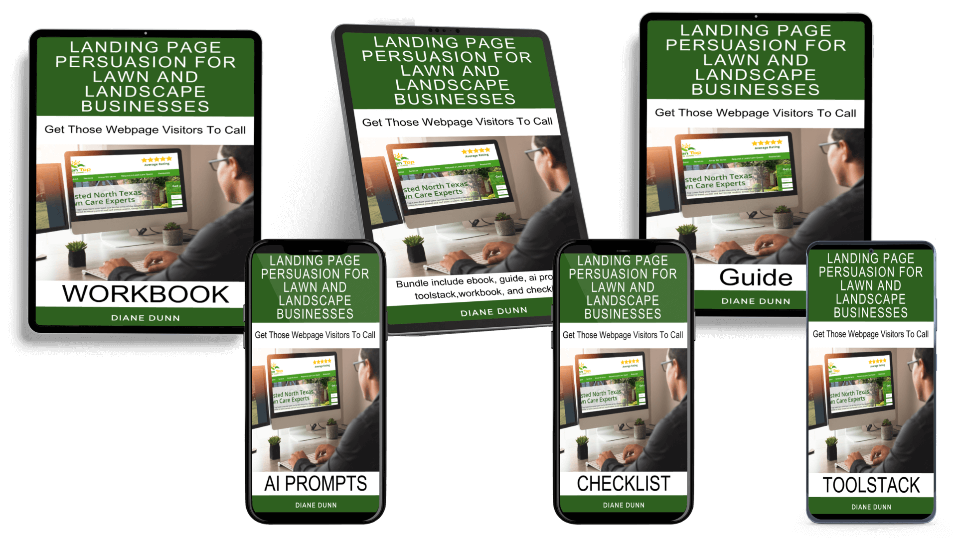 A collection of marketing materials titled "Landing Page Persuasion for Lawn and Landscape Businesses" by Diane Dunn. Includes a workbook, guide, AI prompts, checklist, and toolstack, all featuring similar cover designs.