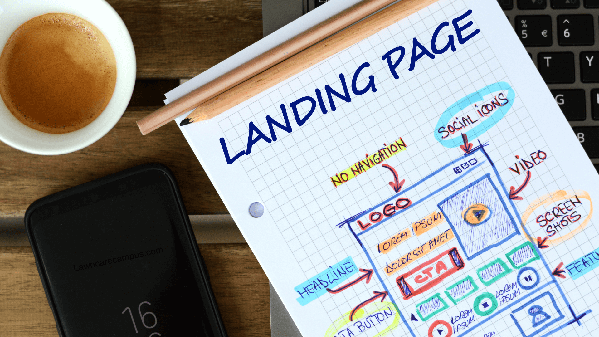 A notebook page titled "Landing Page" with a hand-drawn wireframe for a webpage design is placed on a laptop keyboard. A pencil rests across the notebook, alongside a smartphone displaying "10:16" and a small cup of coffee.